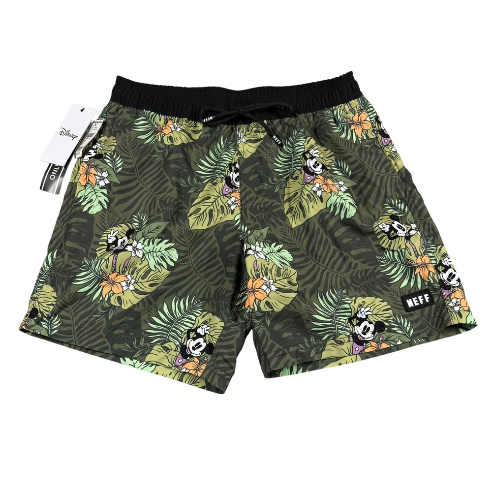 Disney X Neff Mens S Mickey Mouse Swim Trunks Green Tropical Floral Board Shorts